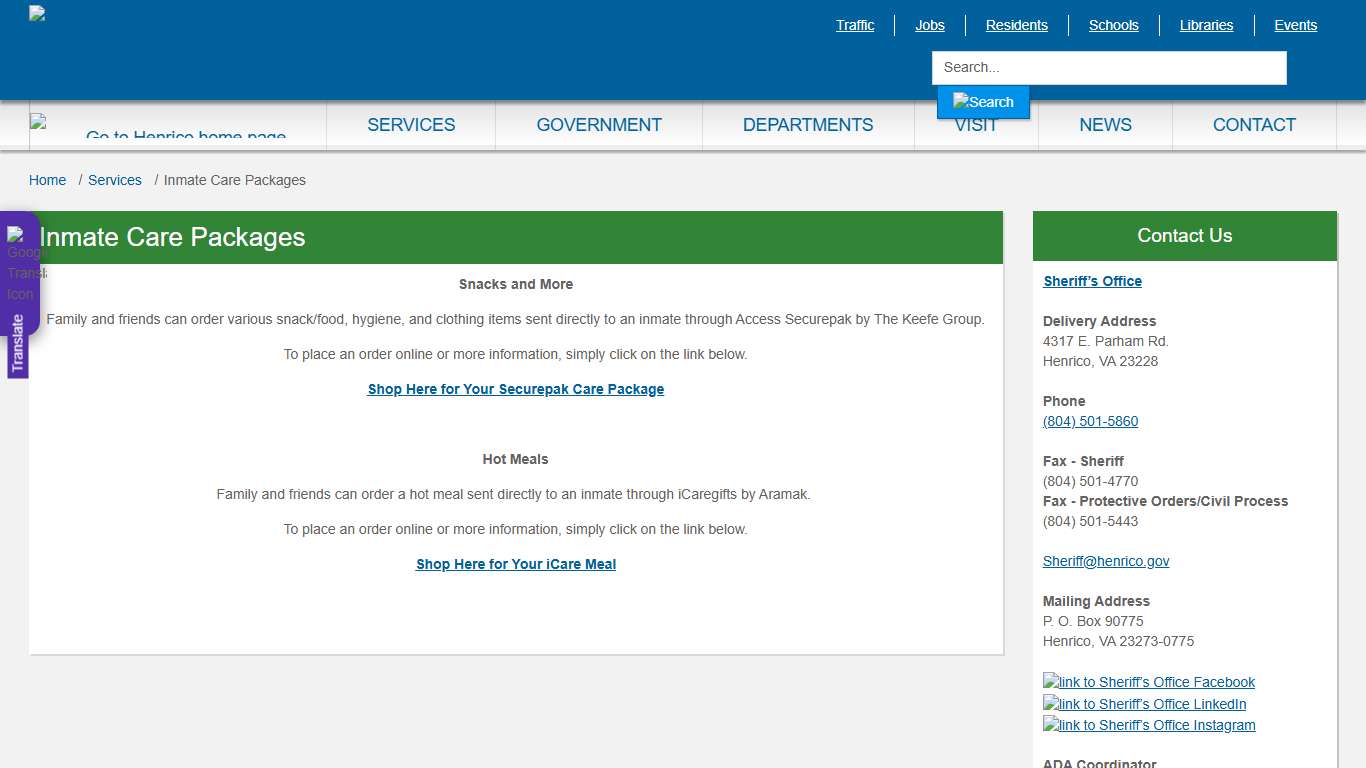 Inmate Care Packages » Henrico County, Virginia